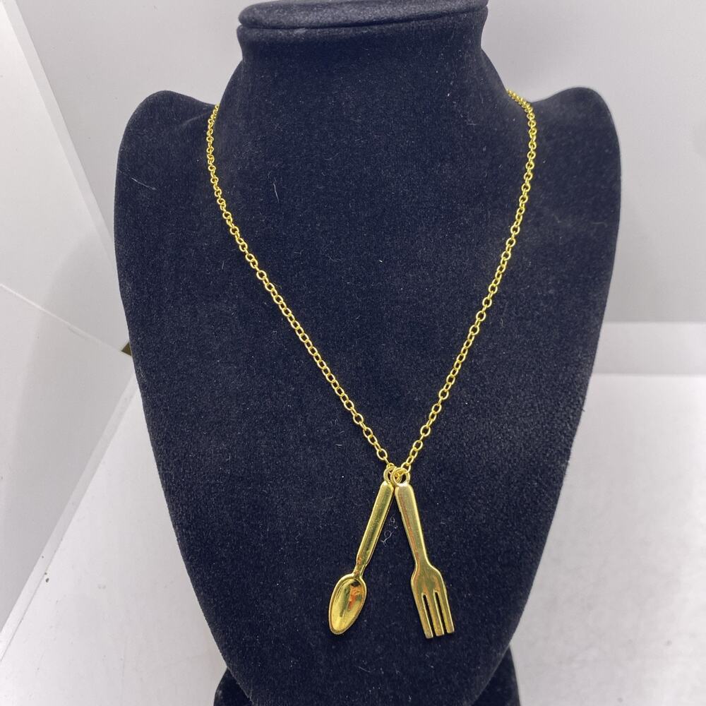Chefs Cutlery Food Love Gold Tone Necklace Unisex Gold Tone Chain